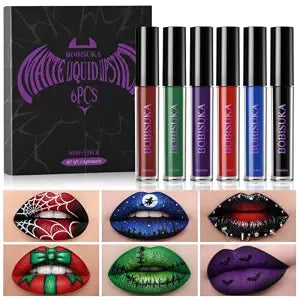 BOBISUKA 6pcs Halloween Liquid Lipstick Set, High Pigmented Bold Matte Black Blue Green Purple Red Lip Gloss Set, Waterproof Smudge-proof Lip Stain Kit for Cosplay Goth Costume Makeup