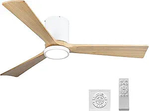 Ceiling Fan with Light and Remote 52 Inch Indoor/Outdoor Flush Mount DC Motor Reversible with 3 Wooden Blades for Bedroom Living Room Farmhouse Patio