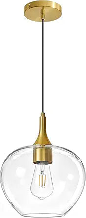 Glass Pendant Lights Kitchen Island, 9.45'' Brass Gold Pendant Lighting Fixtures, Modern Hanging Ceiling Light with Clear Glass Shade for Farmhouse Dining Room Bedroom Hallway(1 Pack)