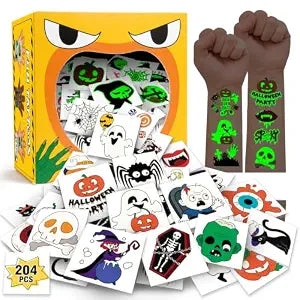 204 PCS Glow Halloween Tattoos for Kids with Mystery Prize Box