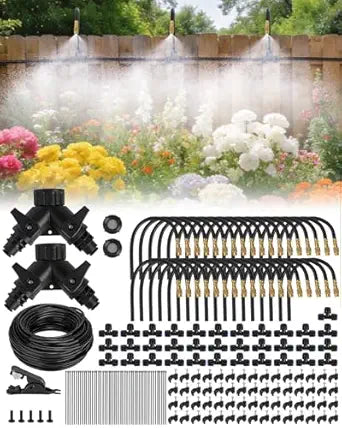 240FT Drip Irrigation System for Garden with 36 Nozzles 360 Adjustable Misting Nozzles, Quick-Connect Design, Ideal for Raised Beds, Lawns, Greenhouses & Outdoor Cooling