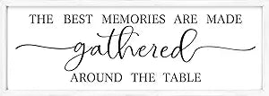 MACVAD 42x15 Inch Wooden Wall Art with Title The Best Memories Are Made Gathered Around The Table, Rustic Farmhouse Dining Room Wall Decor, Large Framed Kitchen Wall Art for Home Decor, Wooden Sign for Above Dining Table(White)