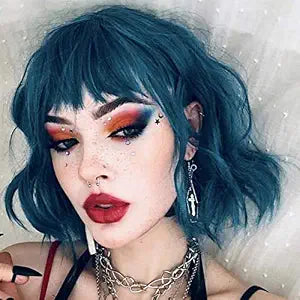 Rose bud Natural Blue Wavy Bob Wig for Women Short Curly Wigs with Bangs