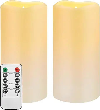 Waterproof Flameless Remote Control Candles 2PACK(D3''*H5.5'')Battery Operated Flickering LED Pillar Candle,plastic with 10-Key 24Hours Timer for Outdoor/Indoor Party Garden Lanterns Porch Ivory