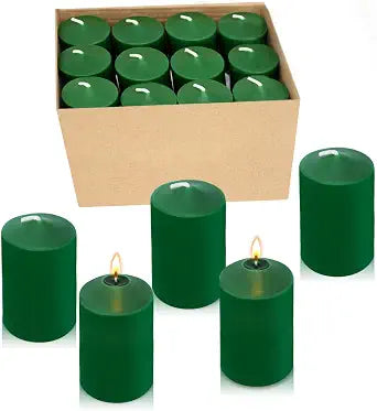 24 Packs Green Votive Candles, Unscented Small 1.5 Inch by 2.0 Inch Wax Candles for St. Patrick's Day Patty Day, Wedding, Party & Home Dinner Table - 12 Hour Burn Time