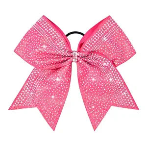 DEEKA 1 PCS 8" Large Glitter Cheer Bows with Iridescent Rhinestones Colorful Stiff Hair Elastic Band Ponytail Holder for Cheerleader Girls Sports (Pink)