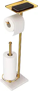 Toilet Paper Holder with Tray at The Top, Sturdy Marble Base No Wobby, Holding Extra 3 Toilet Paper Rolls As Spare Use, Freestanding No Drilling (Gold)