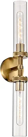 LaLuLa 2-Light Bathroom Vanity Light,Knurled Texture Linear Gold Wall Sconces,Clear Glass Tube Vanity Lighting Fixtures,Modern Wall Mounted Light,Indoor Wall Lights for Living Room,Bedroom,Hallway