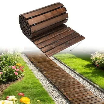 0.6in Thicken Carbonized Wooden Garden Pathway - 8ft Anti-Slip Weather Resistant & Sturdy Decorative Path Walkway for Outside Backyard Uneven Ground (Brown)