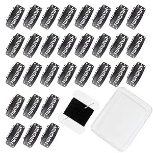 30 Pcs 32mm 6-Teeth U-Shape Wig Clips for Clip-in Hair Extensions, with DIY Needle and Thread Kit – Snap Hair Clips for Hair Extensions Clip-ins (Black)