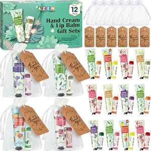 AZEN 12 Sets Bulk Gifts, Hand Cream and Lip Balm Bulk Set with Organza Bag Thank You Card, Baby Shower Wedding Gifts for Guests, Bridal Wedding Favors