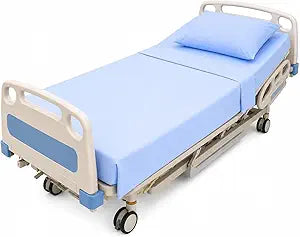 3 Piece Hospital Bed Sheet Set, Premium 100% Cotton 400 Thread-Count, Rich Soft Silky Sateen Weave, Fitted Flat Pillowcase Set, for Massage Table, Hotel (Standard Size 36x80x8 Inches, Light Blue)