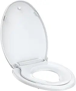 Toilet Seat with Toddler Seat, Elongated Toilet Seat, Quick-Release Structure Toilet Seat, Quick-Attach Hardware & Full Flat with Grip-Tight Bumpers, Quiet-Close Seat, White 19 in