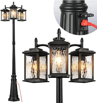 VIANIS Outdoor Lamp Post Light with Outlet, Waterproof Dusk to Dawn Lamp Posts Outdoor Lighting 3-Head, Anti-Rust Black with Gold Trim Street Light for Garden, House, Doorway, Weather Resistant