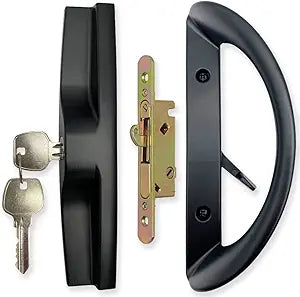 ALLYWASAI Patio Sliding Door Handle Set with Mortise Lock, Key Cylinder and Face Plate, Full Replacement Handle Lock Set Fits Door Thickness from 1-1/2" to 1-3/4", 3-15/16" Screw Hole Spacing, Black