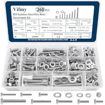 1/4, 5/16, 3/8 Hex Bolt and Nut Assortment Kit 260Pcs Stainless Steel