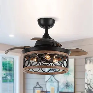 Retractable Ceiling Fan with Lights 36", Farmhouse Cage Chandelier Fan, DC Motor, 6-Speed Low-Noise Fandelier with Reversible Blades, Rustic Black & Wood Finish for Bedroom Living Room Dining Room
