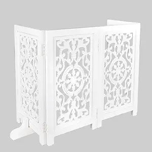Decorative Wooden Pet Gate, Dog Fence, Cat Gate, Foldable, Adjustable, Portable, Extra-Wide, Wooden Dog Barrier, Free-Standing Puppy Gate 4 Panels for Indoor, Doorways, Stairs-26x52 Inch Antique White