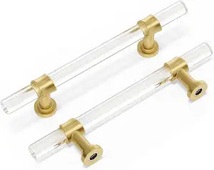 Peaha Acrylic Drawer Pulls, Kitchen Cabinet Handle 3-3/4 Inch 10 Pack, Gold Drawer Handles Brushed Brass Kitchen Hardware T Bar Cabinet Pulls for Dresser Bathroom Closet and Cupboard, Zinc Alloy Base