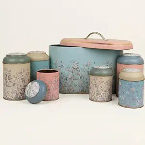 MARIA ROMA 7 Pcs Bread Box Set for Kitchen Countertop and Canisters Sets for the Kitchen Ideal for Bread Basket Sugar Container Coffee Canister Tea Tin Breadbox Vintage and Rustic Model