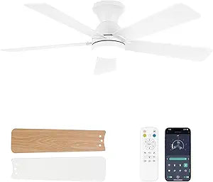 Ceiling Fans with Lights and Remote, 48 Inch Ceiling Fan with Light, Low Profile, Reversible, Dimmable LED, Flush Mount, Quiet, DC Motor, White Ceiling Fan for Bedroom, Kitchen, Dining Room