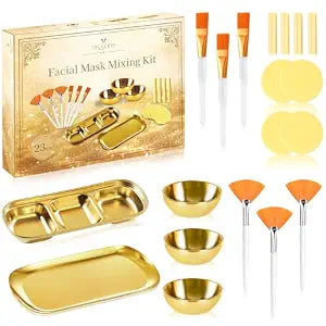 23 Pcs Esthetician Supplies 3 Stainless Steel Gold Mixing Bowls Gold Small Serving Tray 3 Compartment Serving Tray 3 Facial Fan Brushes 3 Face Mask Applicator Brush 12 Facial Sponge Compressed Round