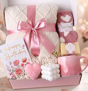 9pcs Birthday Spa Gift Basket with Plush Knit Blanket, Pink Rose