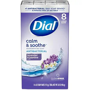 Dial Antibacterial Bar Soap, Calm & Soothe Lavender & Jasmine Deodorant Bar, 4oz (8 Bars)