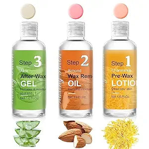 Mini Pre Wax Spray and After Wax Spray, Triple-bottle Set After Wax Care with Pre Wax Cleanser, Wax Remover Oil and Skin Soother Organic Aloe Vera Gel for Sensitive Skin