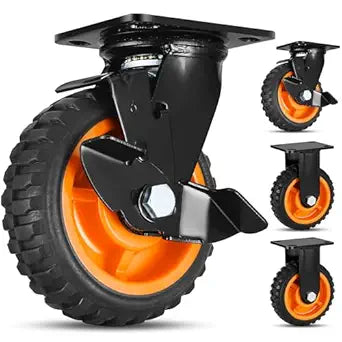 Finnhomy 6 Inch Heavy Duty Caster Wheels Set of 4 (2 Brake & 2 Fixed) 2640Lbs Outdoor Solid Rubber Never Flat All-Terrain Swivel Casters w/Knobby Thread for Cart/Dolly/Toolbox/Coop/Workbench/Shed