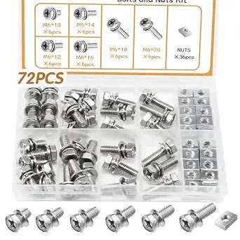 72PCS Battery Terminal Motorcycle Bolts and Nuts Kit M6*10/12/14/16/18/20mm 304 Stainless Steel Battery Bolt with Square Nut for ATV Bike, Motorcycle, Scooter
