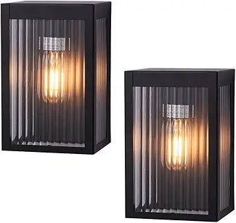 Cerdeco 9" Black Outdoor Wall Light with Striped Tempered Glass,Modern Outdoor Wall Sconce with E26 Socket,2 Pack(ETL Listed)