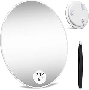 Large 6" 20x Magnifying Mirror with Tweezers, Travel Magnified Makeup Mirror with Suction Cups, 20x Magnification