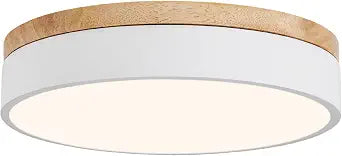 12" Minimalist White and Wood LED Flush Mount Ceiling Light Fixture