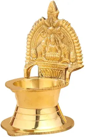 Hastha Kalalu Auspicious Brass Gaja Lakshmi Diya (6 Inch) - Traditional Indian Oil Lamp with Goddess Lakshmi and Elephants for Puja, Festivals & Home Decor, Medium, Gold