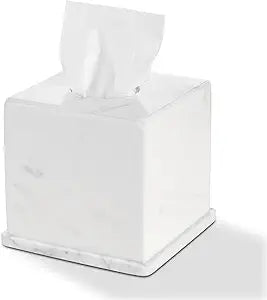 Natural Marble Tissue Box Cover, Volakas White Tissue Organizer 6 x 6 x 5.7 inch, Heavy Stone Decorative Box, Square Tissue Box Holder for Home Decor, Kitchen, Bathroom, Bedroom