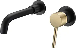 SUMERAIN Wall Mount Bathroom Faucet Black and Gold Wall Mount Faucet for Bathroom Sink, with Two Handles and Rough in Valve