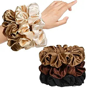 Large Silk Satin Scrunchies for Women Big Scrunchies Jumbo Satin Hair Ties Oversized Hair Scrunchies for Thick Curly Hair Pack of 6 (Black,Champagne,Brown,Gold)