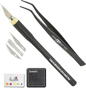 3-Piece Model Tool Set  Tamiya Modelers Knife PRO, Tamiya Curved Tweezers & Cutting Mat