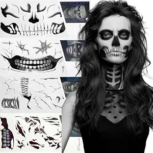 Fake Zombie Skull Mouth Face Tattoos for Women Men Halloween Makeup, Day of the Dead Fake Wound Scars Witch Temporary Tattoos Sticker for Halloween Cosplay Party 4 Sheets