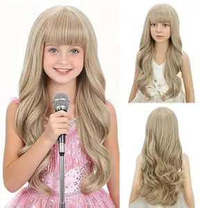 Mixed Blonde Wig for Kids Child Long Ash Blonde Wig with Flat Bangs Long Wavy Curly Wigs for Girls Heat Resistant Synthetic Wigs with Cap