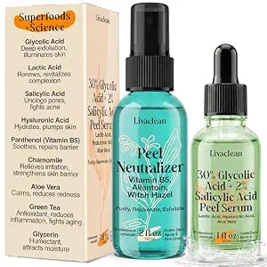 Livaclean 30% Glycolic Acid Peel Serum + Neutralizer Kit – Professional At-Home Chemical Peel for Face – With Salicylic, Lactic & Hyaluronic Acids – Smooths Skin Texture & Refines Pores – 2 Piece Set