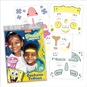 SpongeBob Costume Face Temporary Tattoos ï¿½ï¿½ï¿½ Fun Tattoo Set for Kids Featuring SpongeBob, Patrick, and Friends, Easy Halloween Costume Accessory, Non-Toxic & Ski