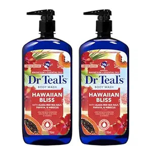 Dr Teal's Hawaiian Bliss Body Wash with Alaea Red Sea Salt, Papaya and Hibiscus, Magnesium and Essential Oils, 24 Fl Oz, 2 Pack
