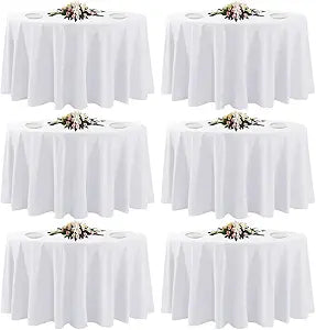 6 Pack White Round Tablecloths, 120 Inch Stain Resistant and Wrinkle Polyester Fabric Washable Table Clothes Cover for Kitchen Dining, Wedding, Reception Banquet, Birthday Party, Buffet Restaurant