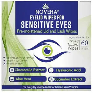 NOVEHA Eyelid Wipes - For Delicate Lashes and Eyelids - With Hyaluronic Acid, Chamomile, and Aloe Vera - Individually Wrapped Pre-moistened Pads (60 Wipes)