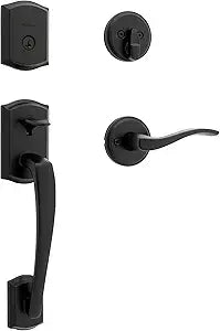 Kwikset Prescott Front Door Lock Handle and Deadbolt Set, Entry Handleset Exterior with Sedona Reversible Lever, Matte Black, Pick Resistant SmartKey Rekey Deadbolt Security, with Microban Protection
