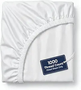100% Egyptian Cotton Fitted Sheet Only - 1000 Thread Count Cotton Fitted Sheet, Soft, Durable, Cooling 16" Deep Pocket Sateen Weave Bottom, Luxury Hotel Quality (White, Queen)