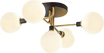 BOKT Mid Century Modern 5 Lights Milk Glass Globe Ceiling Light Black and Brass Semi Flush Mount Bathroom Sputnik Ceiling Light Fixture Vintage Close to Ceiling Dining Room Hallway Lighting