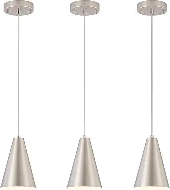 Brushed Nickel Pendant Lights Kitchen Island,Dining Room Light Fixtures Over Table 3 Pack with Silver Cone Metal Shade, Modern Farmhouse Small Chandeliers,Adjustable Cord Hanging Lighting for Sink